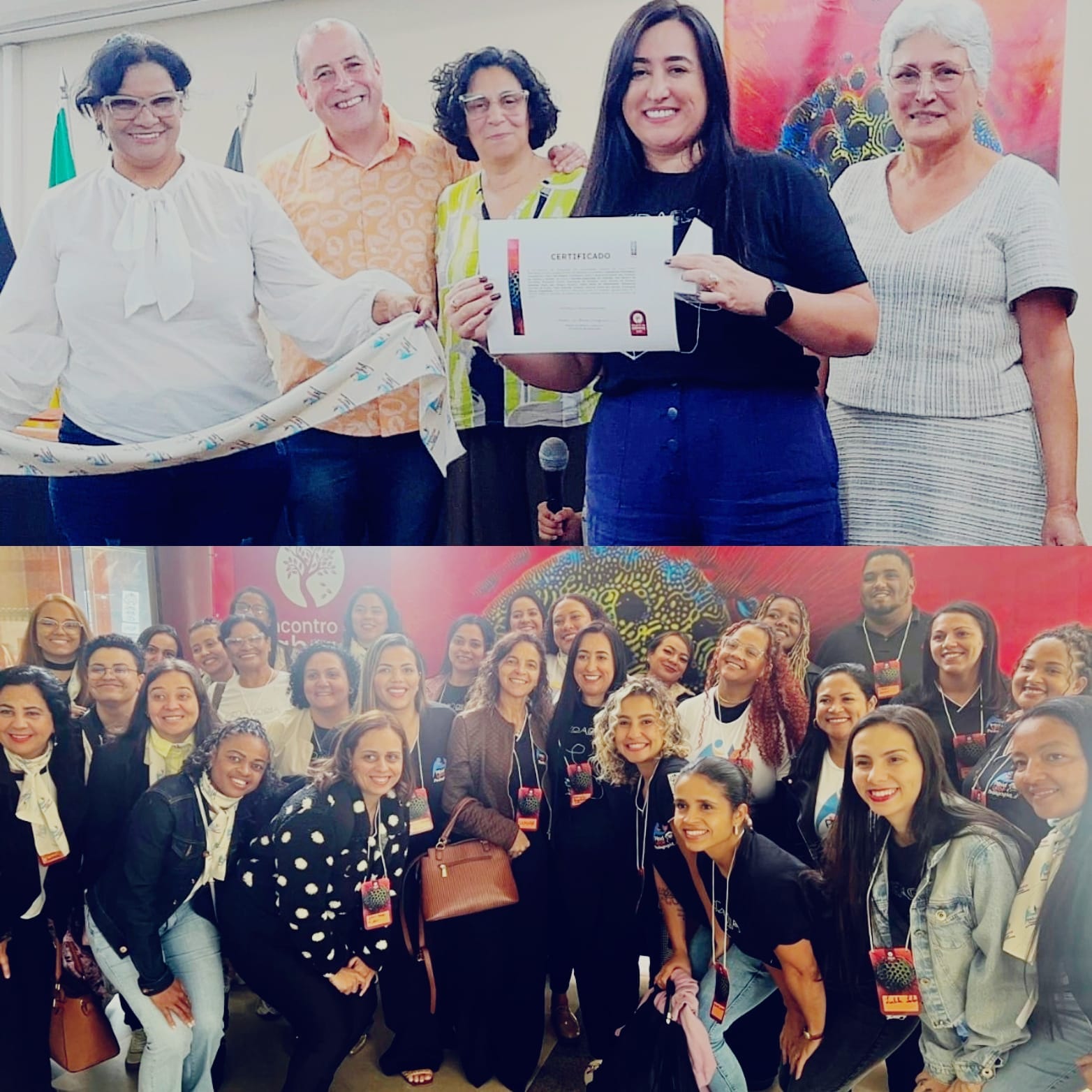 Fotos das professoras e discentes do projeto PIBID recebendo a premiação do 